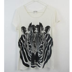 Express Medium White Zebra Print Short Sleeve Top Graphic Tee Rounded Neck
